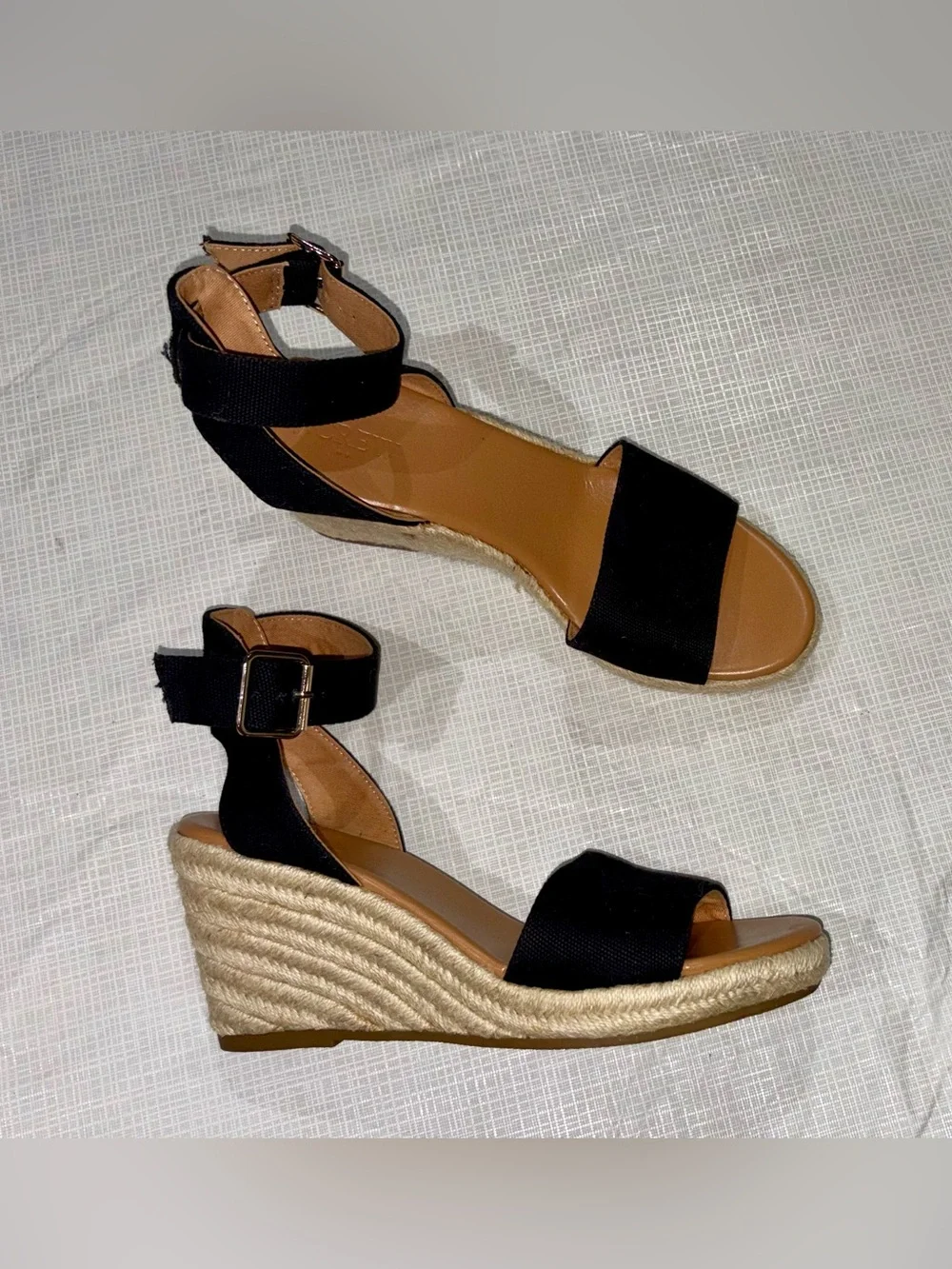 J.Crew Sz 8 Black Canvas Ankle-Strap Espadrille Wedge Jute Sandals 3” heels